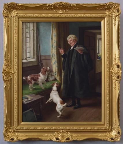 Historical genre oil painting of a gentleman and his dogs by Frank Dadd RI