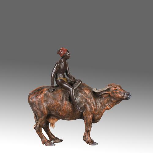 Early 20th Century Cold-Painted Bronze Sculpture "Boy on Ox" by Franz Bergman
