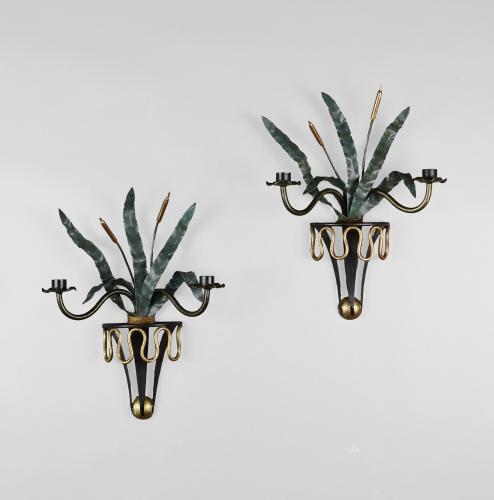 A Pair of Wrought Iron Bullrush Wall Lights after Poillerat
