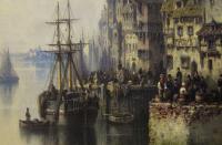 Continental townscape oil painting of a busy harbour town by Ludwig Hermann