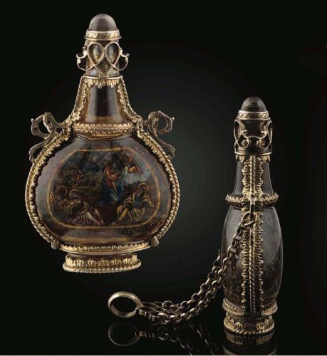 A Rock Crystal Flask with Silver Gilt Mounts and Chain; 16th century, Italian