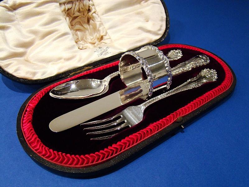Edwardian Silver Childs Knife Fork Spoon and Napkin Ring | BADA