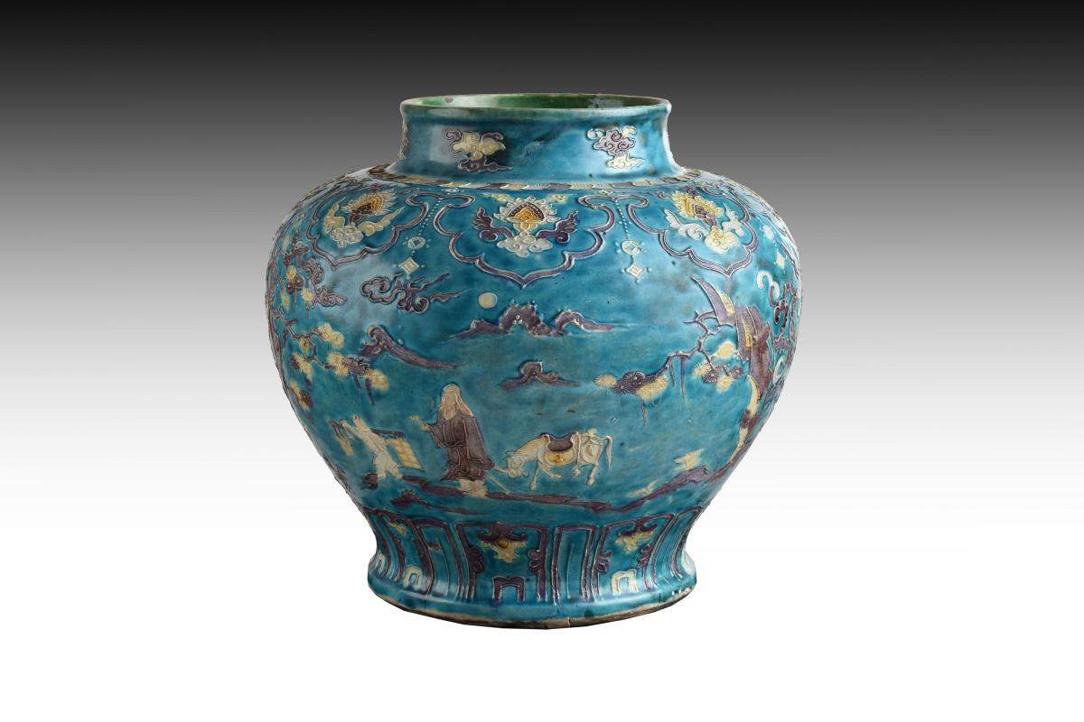 A Large Chinese Fahua Turquoise Ground Baluster Jar, Ming Dynasty, Early  16th Century | BADA