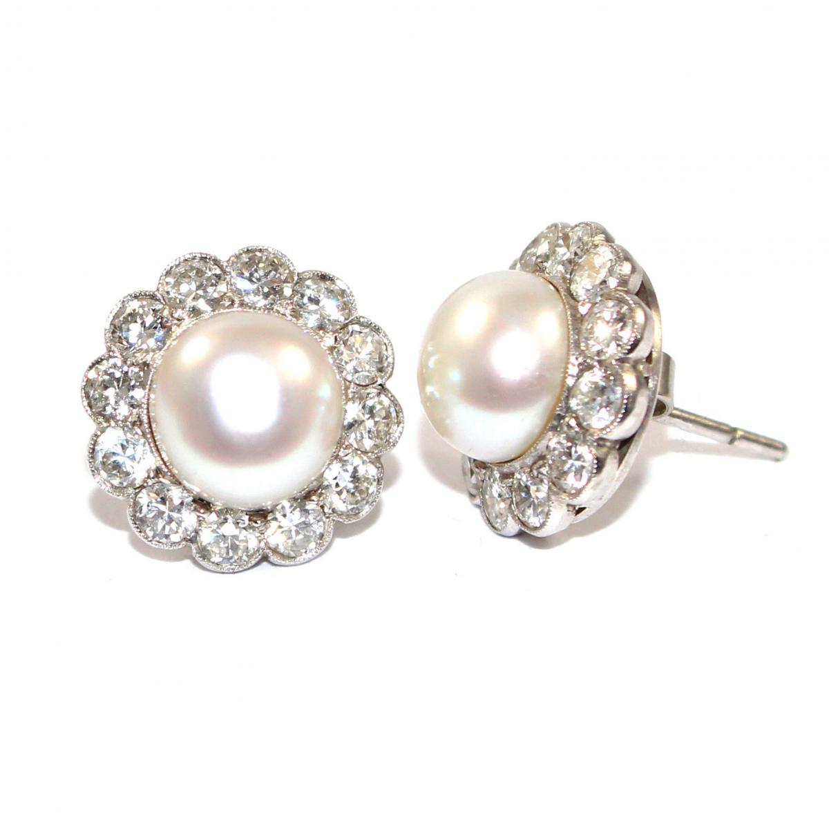 Art Deco Large Pearl & Diamond Cluster Earrings c.1930 | BADA