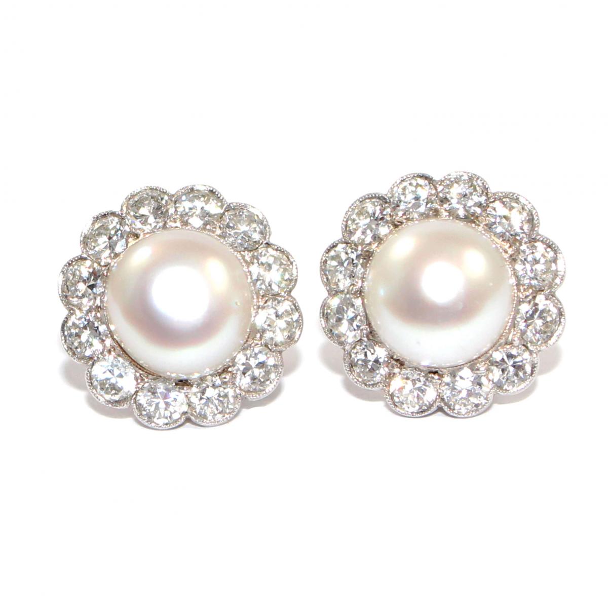 Art Deco Large Pearl & Diamond Cluster Earrings c.1930 | BADA