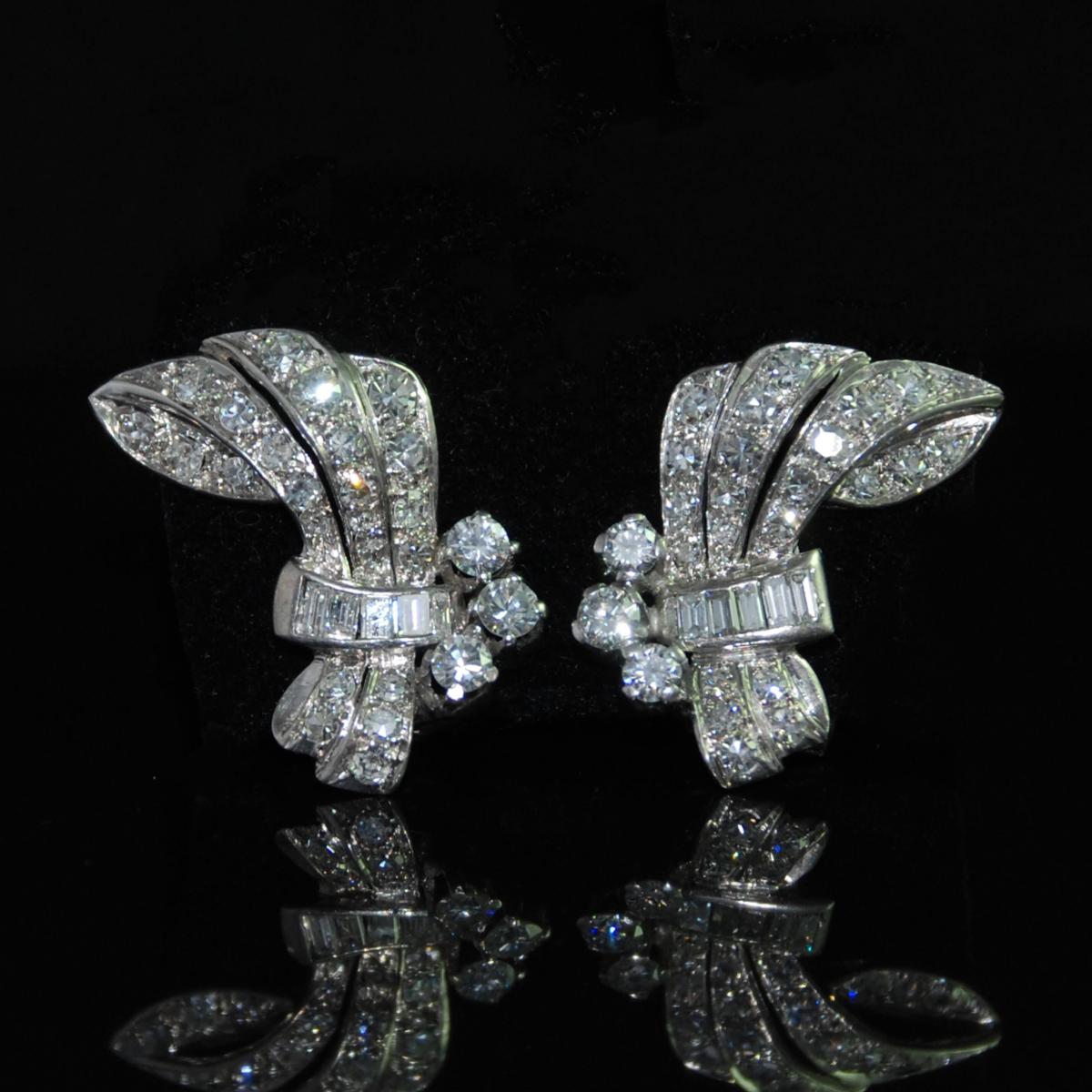Art Deco Diamond Set Feather and Ribbon Clip Earrings c.1930 | BADA