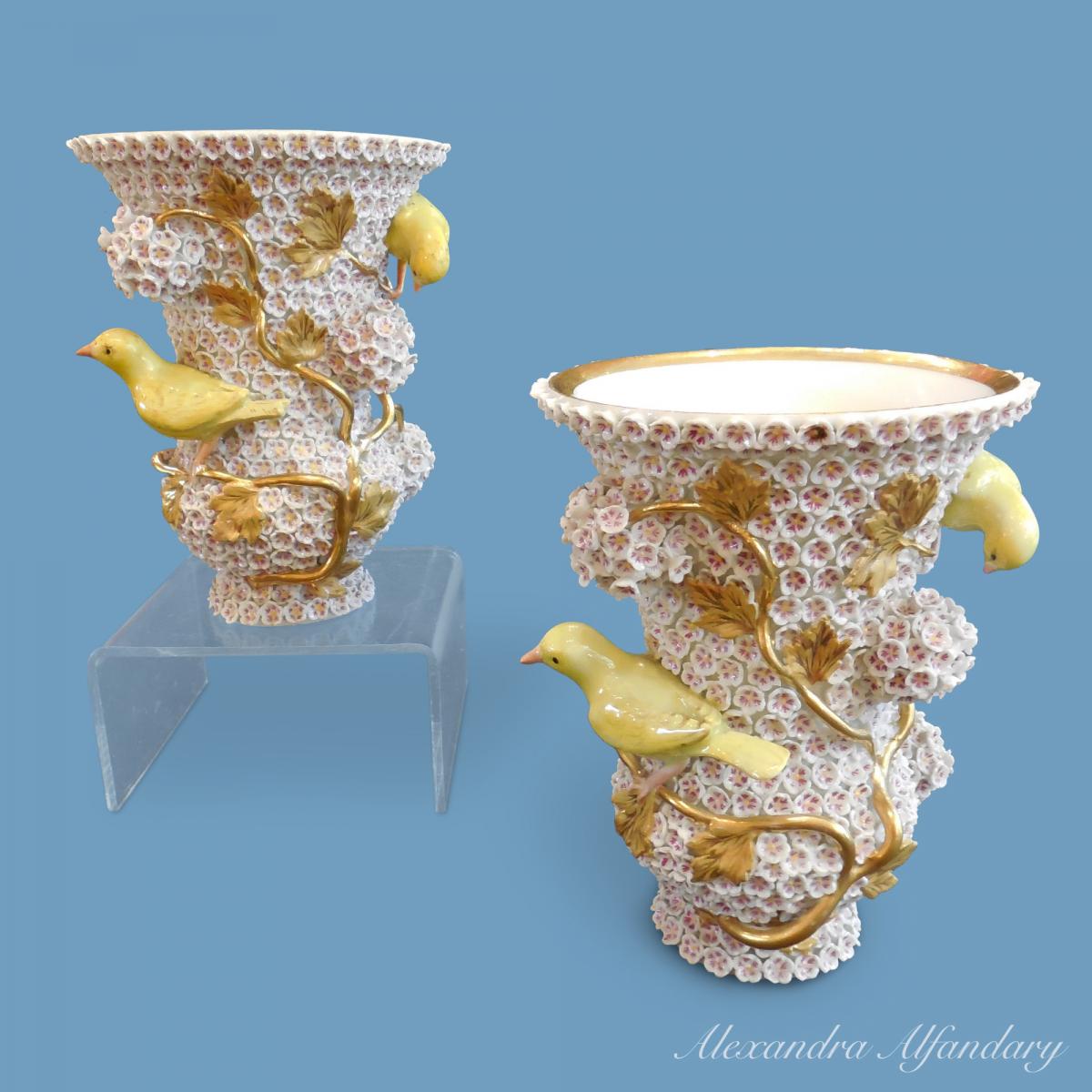 A Pair Of Meissen Campagna Shaped Porcelain Snowball (Schneeball) Vases,  circa 1860-70 | BADA