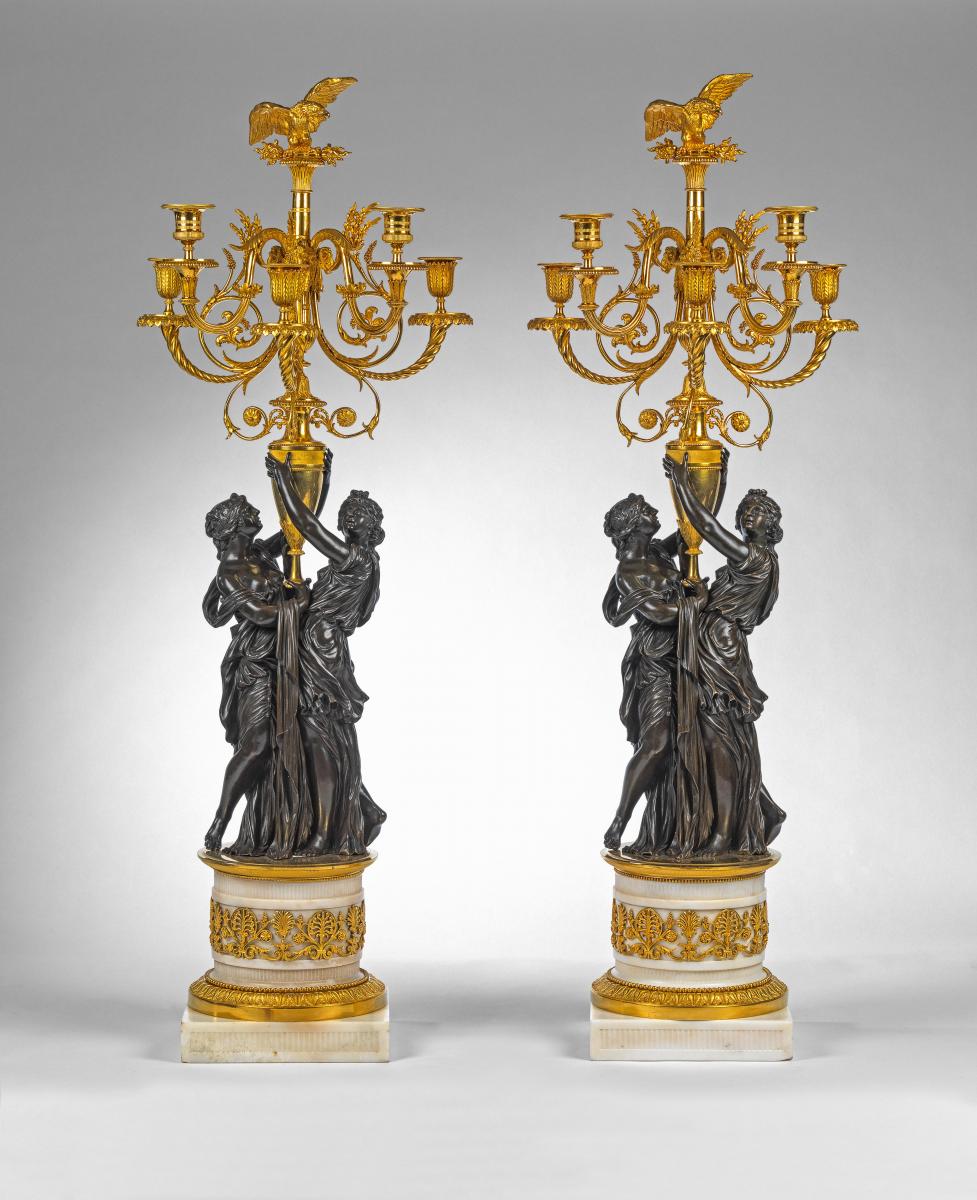 Pair of bronze silver-plated Louis Seize candlesticks - six