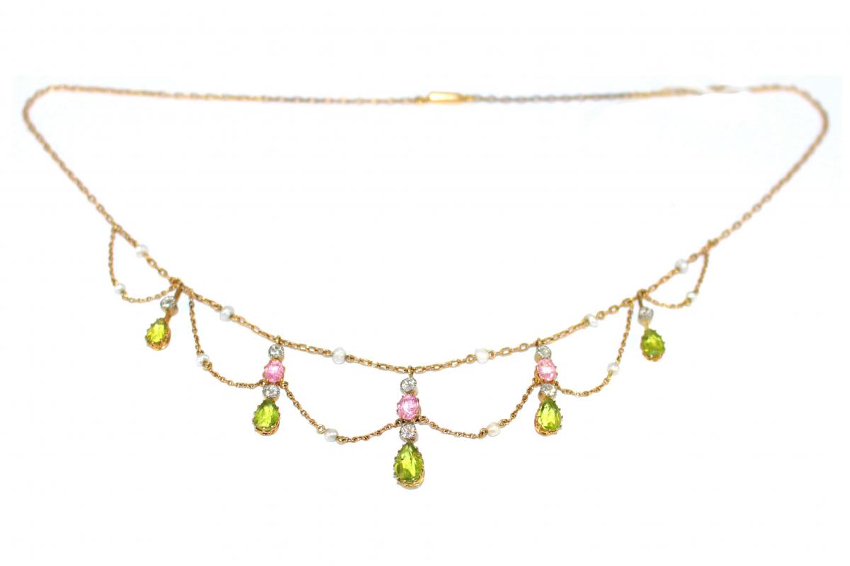Edwardian Pink Topaz, Peridot & Diamond Necklace c.1910 | BADA