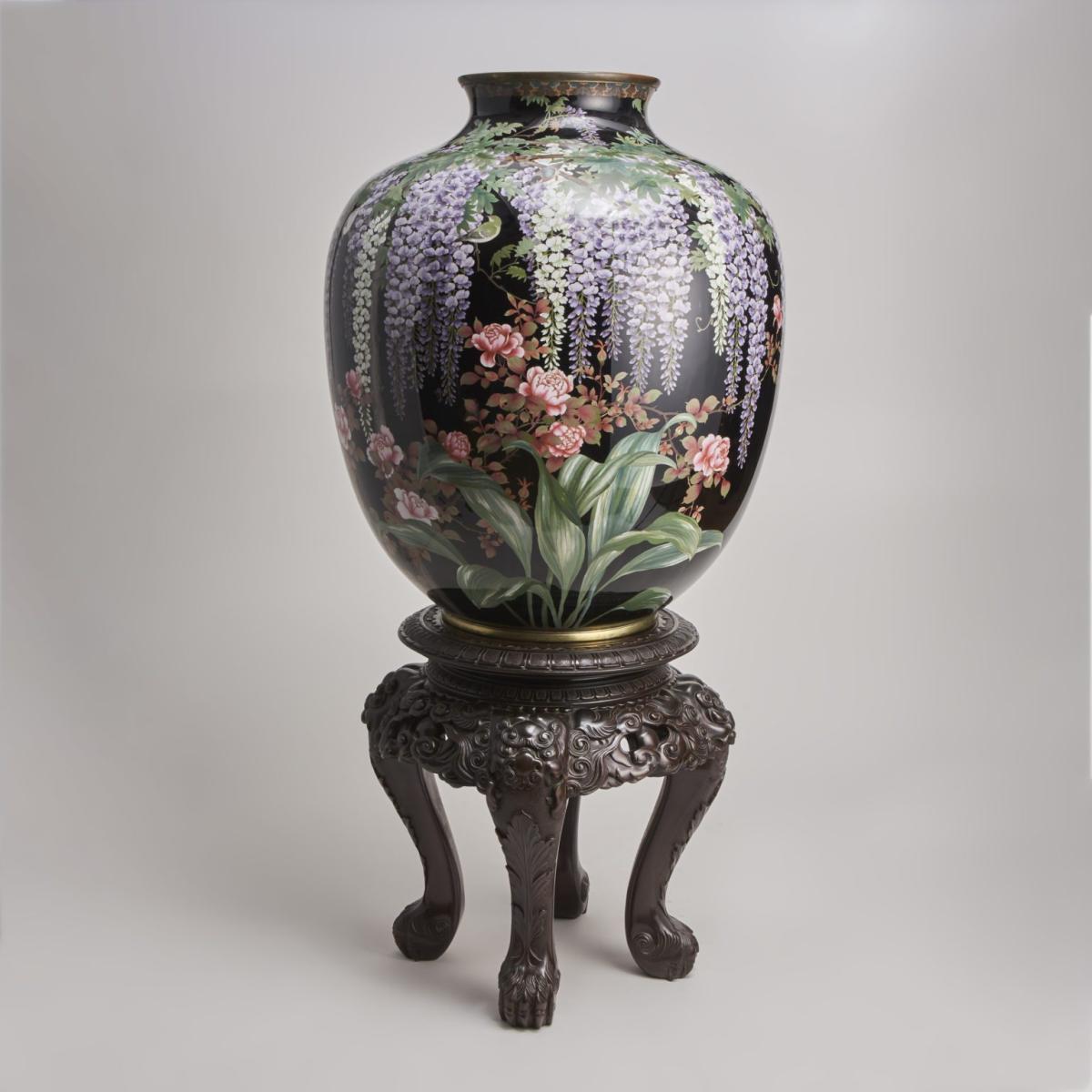 A suberb Japanese cloisonné vase original carved wood base | BADA