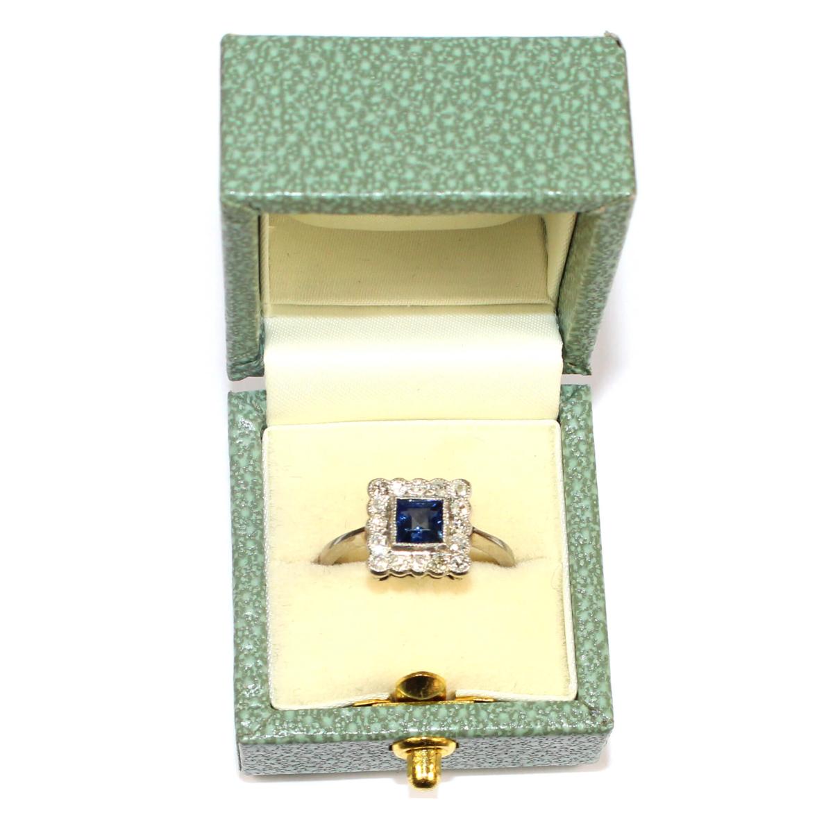 Art Deco Square Sapphire and Diamond Cluster Ring 1930s | BADA