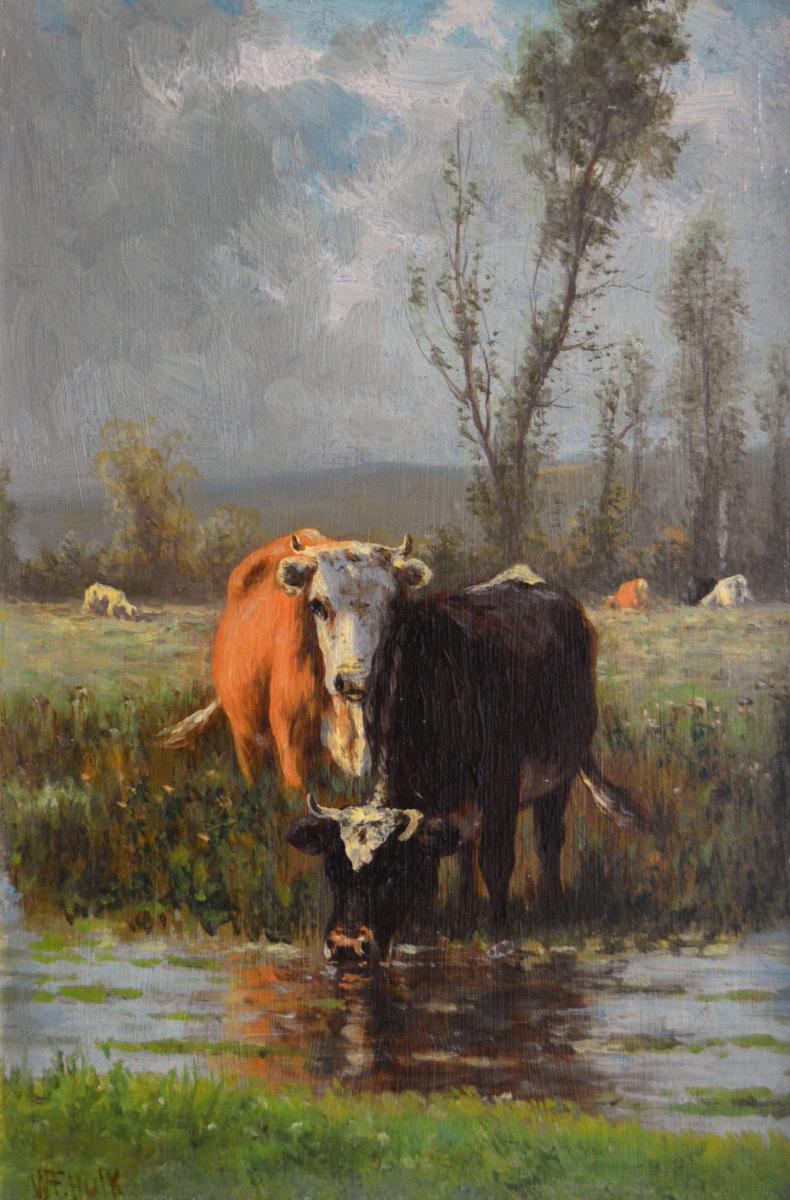 Dutch landscape oil painting of cattle by a river by William Frederick Hulk