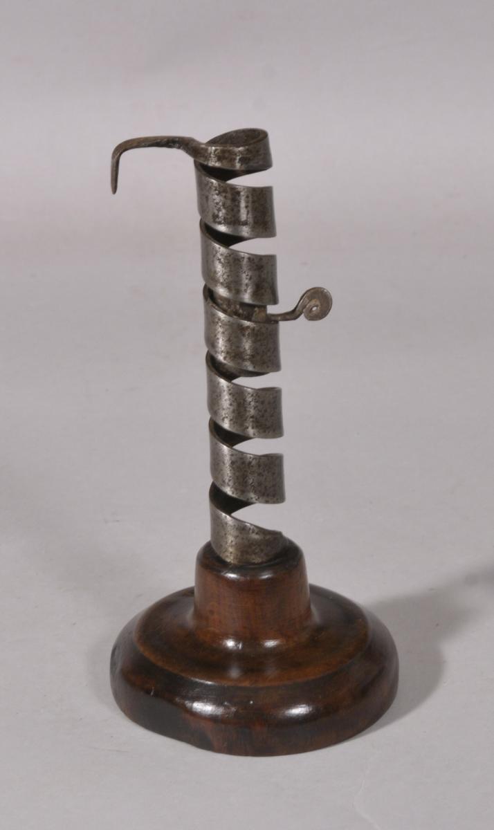 S/6017 Antique Treen 18th Century Spiral Metal Candlestick