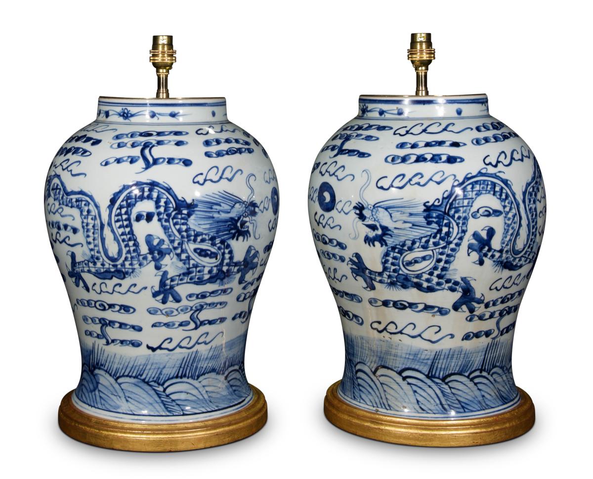 Blue and White Dragon Lamps