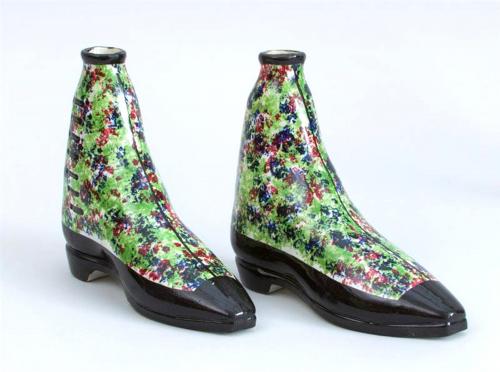 British Pottery Pearlware Sponged Spirit Flasks Modelled in the form of Boots