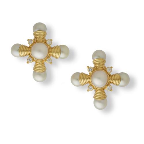 Elizabeth Gage 18ct yellow gold, diamond and pearl earclips