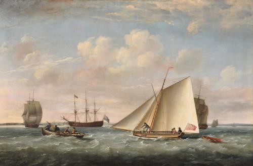 Shipping at Spithead with Merchantmen, a moored British Navy Third Rate Man o’ War and the Cutter ‘Thetis’ in the Foreground, Francis Holman    