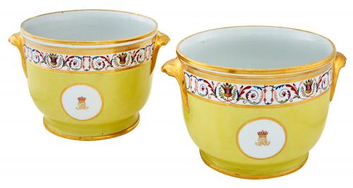 Coalport Porcelain Yellow-ground Crested Wine Coolers,  Made for an Earl, Circa 1810.