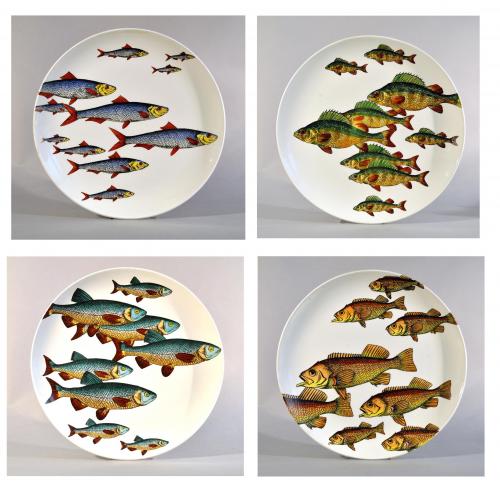 Rare Piero Fornasetti Pottery Fish Plates,  Passata de pesce (Passage of Fish) or Pesci. Set of Four.