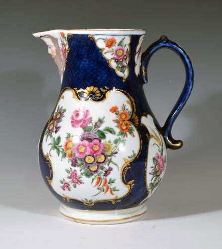 First Period Worcester Porcelain Large Blue Scale Botanical Mask Jug, Circa 1765