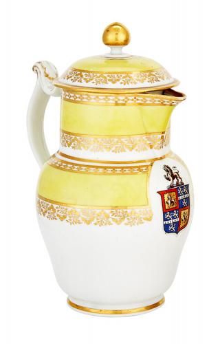 Worcester Yellow-ground Armorial Porcelain Jug, Barr Worcester decorated at Chamberlains, circa 1800