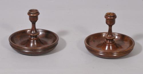 S/2892 Antique Treen 19th Century Pair of Fruitwood Travelling Candlesticks