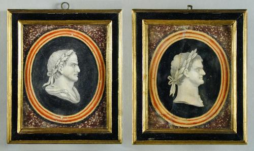 Pair of Scagliola pictures of Roman Emperors Domitian & Galba