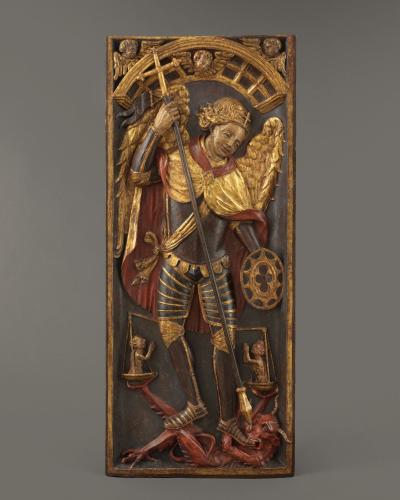 Retable Panel with Saint George and the Dragon  Walnut, with original polychrome and gilding  Spain, first quarter 16th century