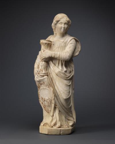 Circle of Domenico Gaggini (Bissone c. 1425-1426 – 1492 Palermo) Angel Holding Candlestick White marble, with traces of original