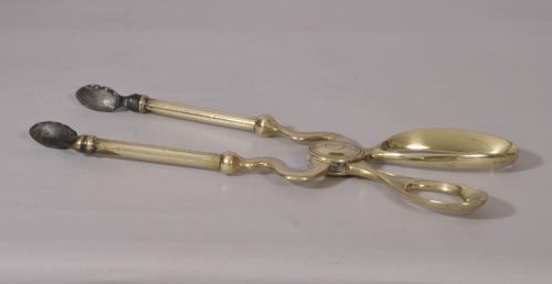 S/3113 Antique Edwardian Pair Of Brass Scissor Action Fire Tongs