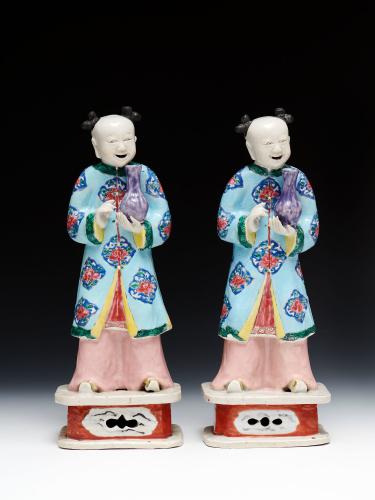 Two Chinese Export Figures of Standing Boys, c. 1770 Qianlong Reign, Qing Dynasty