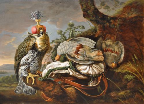 Att. to PIETER BOEL Flemish School 1622- 1674  A hooded peregrine with a brace of partridge and a game bag on a branch 