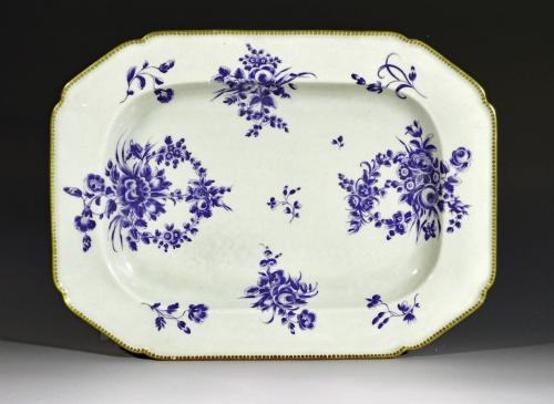 First Period Worcester Porcelain Dry Blue Enamel Large Dish or Platter, Circa 1768-70