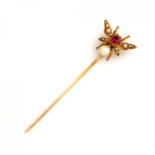 A Victorian Bug Stickpin with Ruby and Pearls