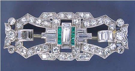 Art Deco Platinum Diamond & Emerald Brooch c1920
