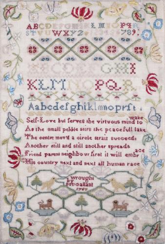 Brightly coloured 18th century sampler from Norfolk worked by S M Gallant in 1767