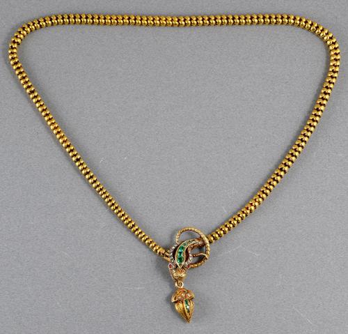 Victorian gold emerald and diamond boxed snake necklace