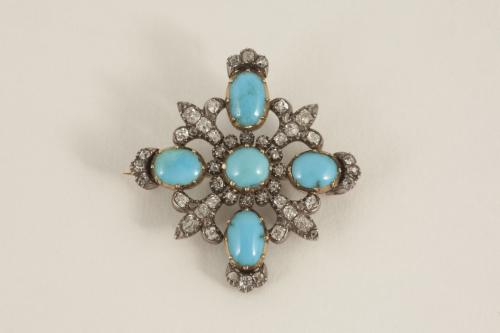 Antique Brooch set with Turquoise & Diamonds in 18 Carat Gold & Silver, English circa 1830