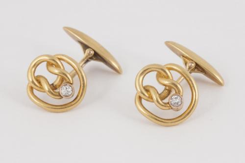 Antique Cufflinks in 14 Karat Gold Entwined Knots with Diamond Collet, Russian circa 1890