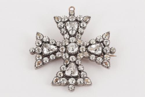 Maltese Cross Antique Brooch with Brightly Foiled White Crystal, English circa 1820