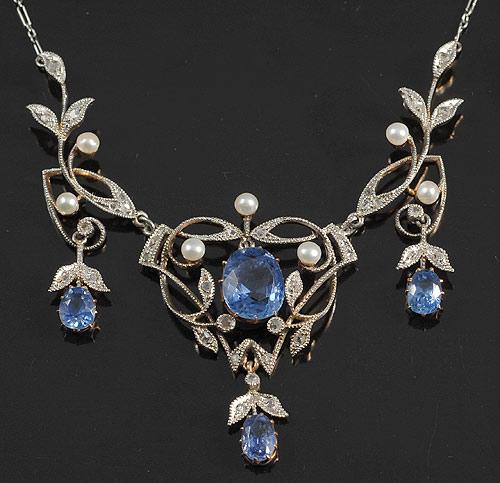 Edwardian Ceylon sapphire, diamond and pearl filigree necklace