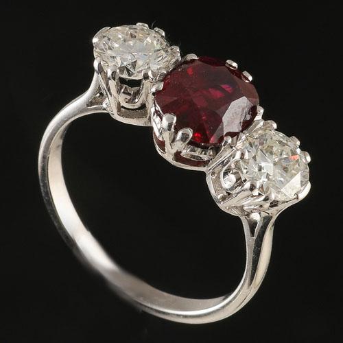 ruby and diamond platinum three stone ring