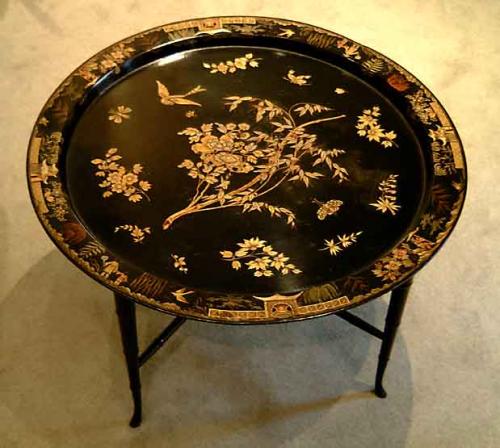 Black laquer chinoiserie decorated papier mache tray
