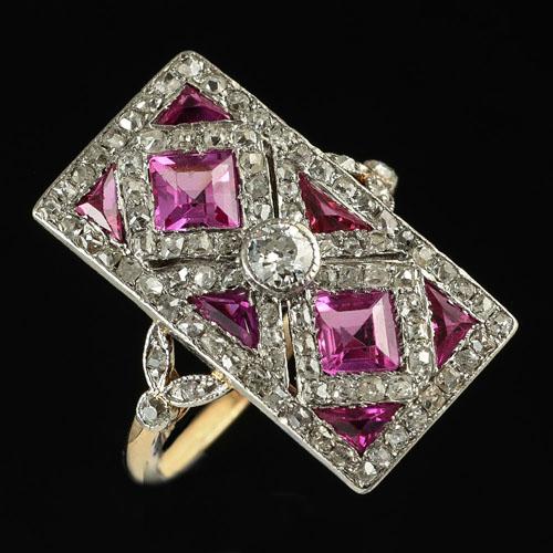 Art Deco pink sapphire and ruby diamond ring