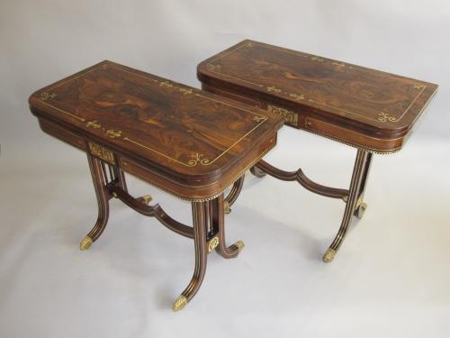 Pair Regency rosewood & brass inlay card tables, circa 1815.