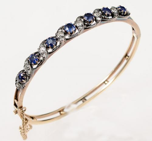 natural Burmese sapphire and diamond gold on silver Victorian bangle
