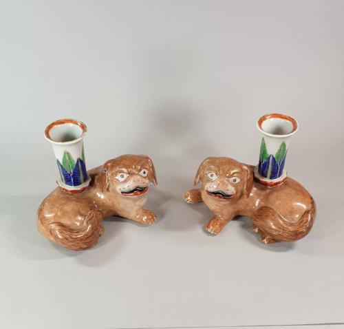  Chinese famille rose recumbent pug dog candle holders