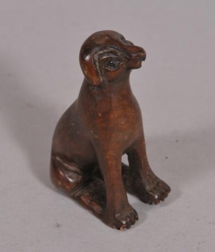 S/3910 Antique 19th Century Carved Fruitwood Figure of a Seated Hound