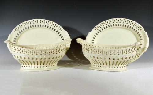 Pair of English Creamware Openwork Fruit Baskets & Stands
