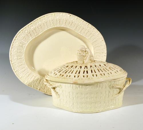 English Plain Creamware Openwork Covered Basket and Stand, Probably Staffordshire, Circa 1770-80s. 